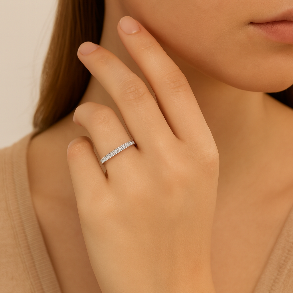 Moiselle Radiance Half‑Pavé Moissanite Ring – 2 CT Total, 925 Sterling Silver – Stackable Everyday Band